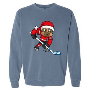 Ice Hockey Player Sloth Santa Winter Sports Christmas Gift Garment-Dyed Sweatshirt