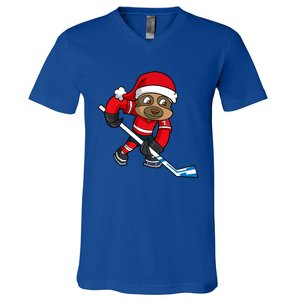 Ice Hockey Player Sloth Santa Winter Sports Christmas Gift V-Neck T-Shirt