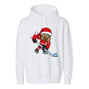 Ice Hockey Player Sloth Santa Winter Sports Christmas Gift Garment-Dyed Fleece Hoodie