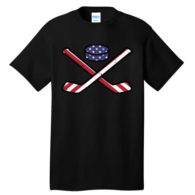 ICe Hockey Puck Sticks Fourth July 4th Sports Patriotic Tall T-Shirt