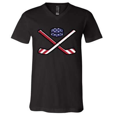 ICe Hockey Puck Sticks Fourth July 4th Sports Patriotic V-Neck T-Shirt