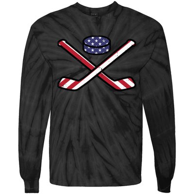 ICe Hockey Puck Sticks Fourth July 4th Sports Patriotic Tie-Dye Long Sleeve Shirt