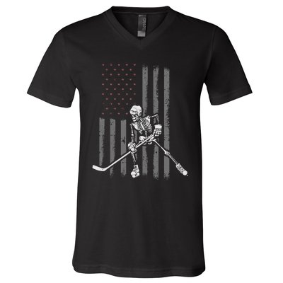 Ice Hockey Player Fan Gift Skeleton Halloween V-Neck T-Shirt