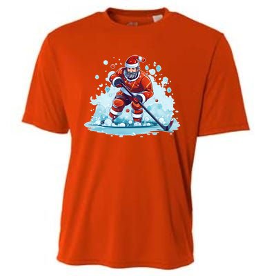 Ice Hockey Player Santa Design Christmas Ice Hockey Gift Cooling Performance Crew T-Shirt