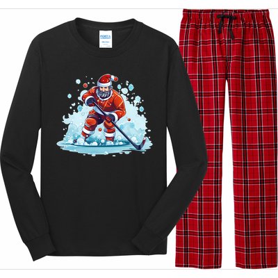 Ice Hockey Player Santa Design Christmas Ice Hockey Gift Long Sleeve Pajama Set