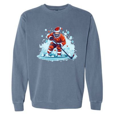 Ice Hockey Player Santa Design Christmas Ice Hockey Gift Garment-Dyed Sweatshirt