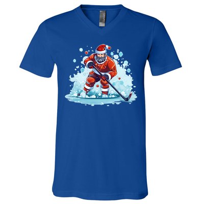 Ice Hockey Player Santa Design Christmas Ice Hockey Gift V-Neck T-Shirt