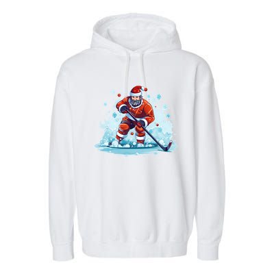 Ice Hockey Player Santa Design Christmas Ice Hockey Gift Garment-Dyed Fleece Hoodie