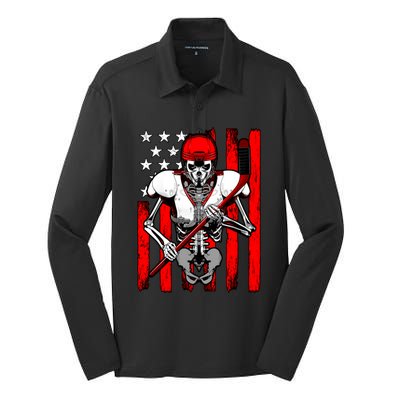 Ice Hockey Player Skeleton Athlete Halloween Usa Flag Great Gift Silk Touch Performance Long Sleeve Polo