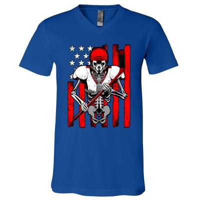 Ice Hockey Player Skeleton Athlete Halloween Usa Flag Great Gift V-Neck T-Shirt