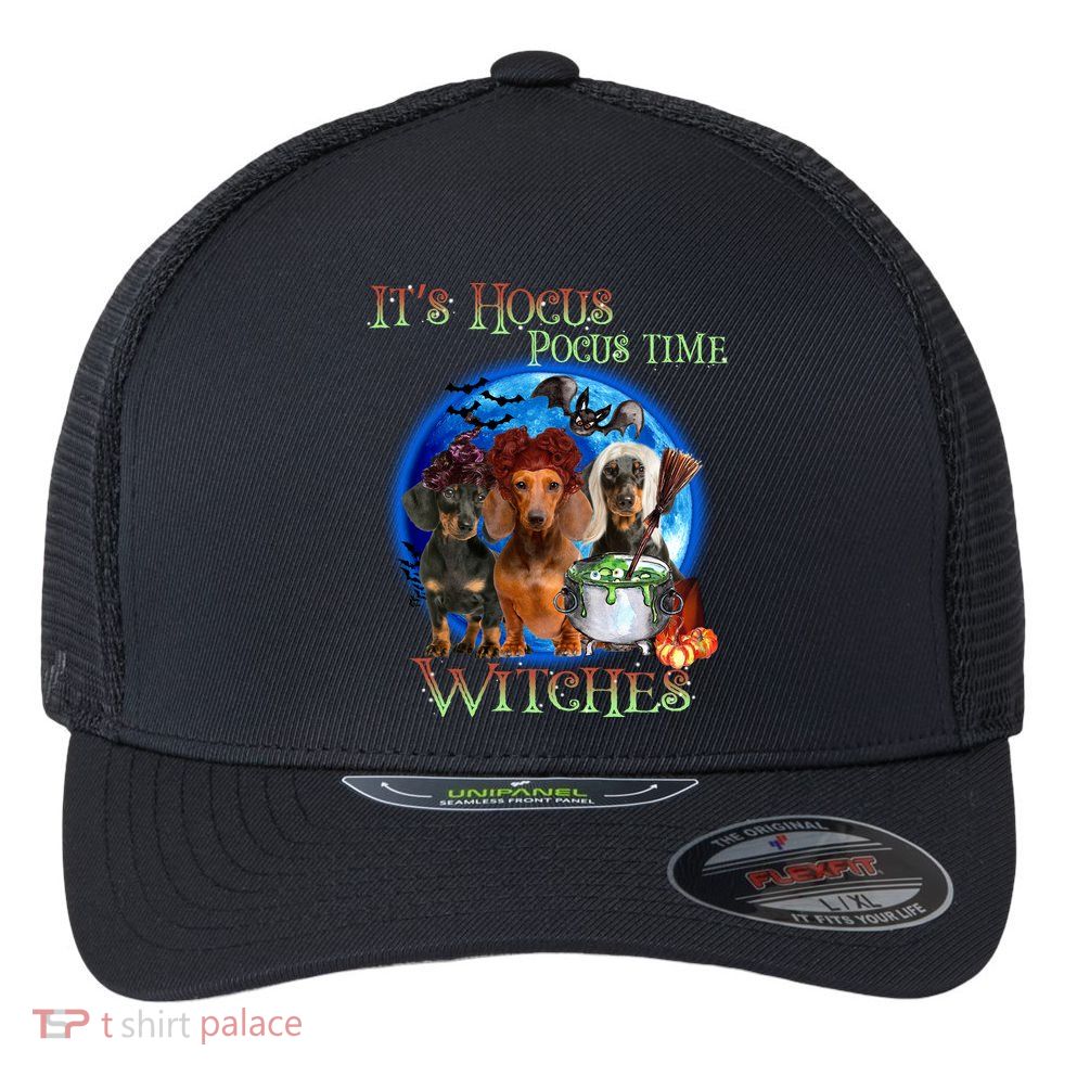 It's Hocus Pocus Time Witches Dachshund Halloween Design Flexfit Unipanel Trucker Cap