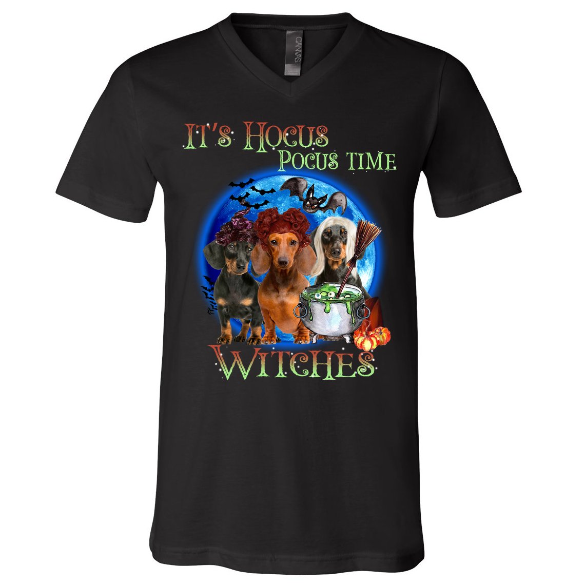 It's Hocus Pocus Time Witches Dachshund Halloween Design V-Neck T-Shirt