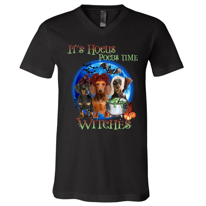 It's Hocus Pocus Time Witches Dachshund Halloween Design V-Neck T-Shirt