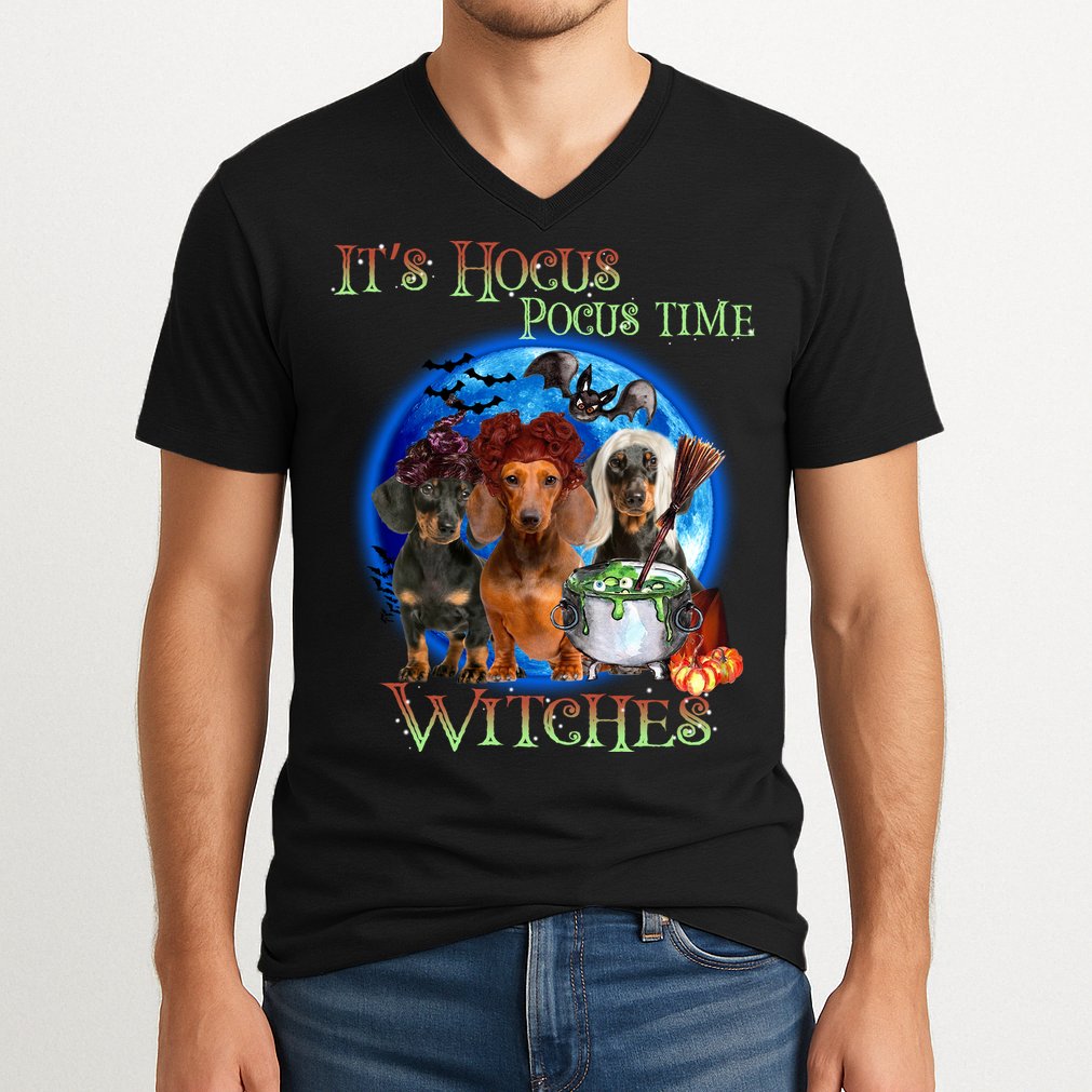 It's Hocus Pocus Time Witches Dachshund Halloween Design V-Neck T-Shirt