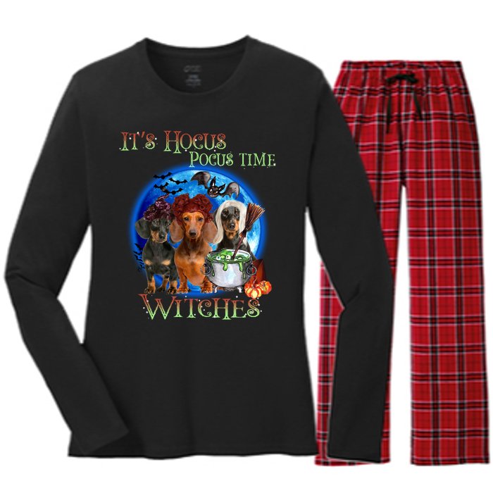 It's Hocus Pocus Time Witches Dachshund Halloween Design Women's Long Sleeve Flannel Pajama Set 