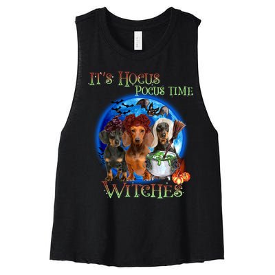 It's Hocus Pocus Time Witches Dachshund Halloween Design Women's Racerback Cropped Tank