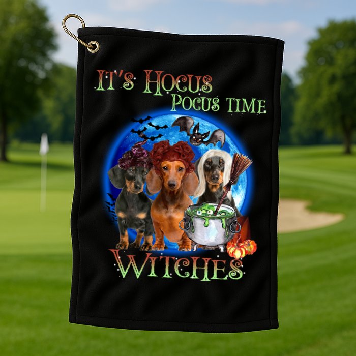 It's Hocus Pocus Time Witches Dachshund Halloween Design Golf Towel