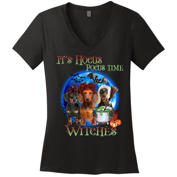 It's Hocus Pocus Time Witches Dachshund Halloween Design Women's V-Neck T-Shirt