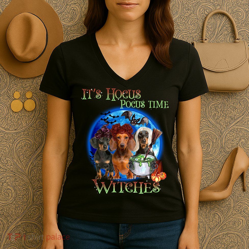 It's Hocus Pocus Time Witches Dachshund Halloween Design Women's V-Neck T-Shirt
