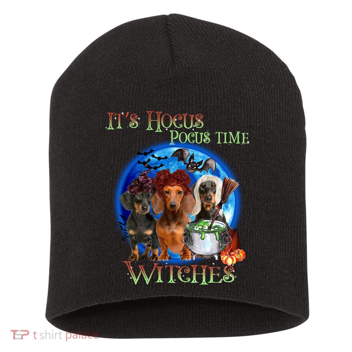 It's Hocus Pocus Time Witches Dachshund Halloween Design Short Acrylic Beanie