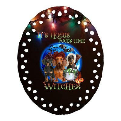 It's Hocus Pocus Time Witches Dachshund Halloween Design Ceramic Oval Ornament