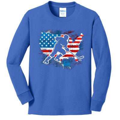 Ice Hockey Player Usa Country Flag Us Puck United States Funny Gift Kids Long Sleeve Shirt