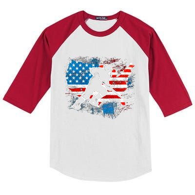 Ice Hockey Player Usa Country Flag Us Puck United States Funny Gift Kids Colorblock Raglan Jersey