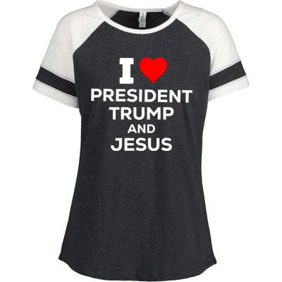 I Heart President Trump And Love Jesus Enza Ladies Jersey Colorblock Tee