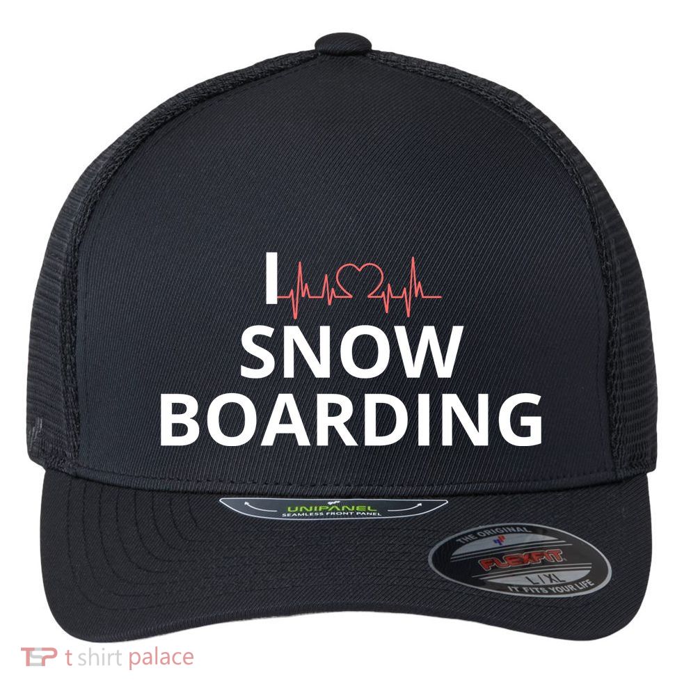 I Heart Snow Boarding With Red Heart, I Love Snow Boarding Flexfit Unipanel Trucker Cap