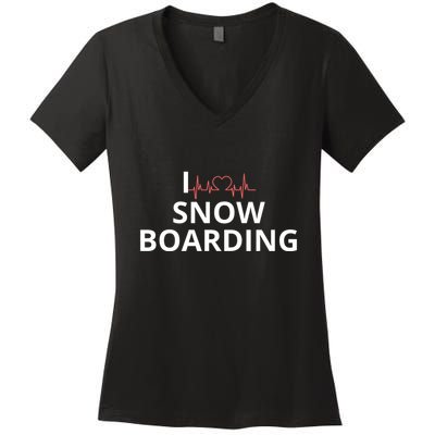 I Heart Snow Boarding With Red Heart, I Love Snow Boarding Women's V-Neck T-Shirt