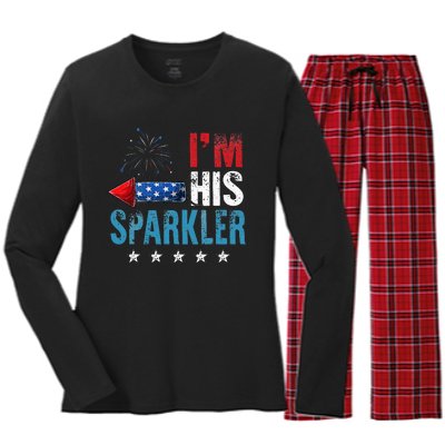 I'm His Sparkler His And Her 4th Of July Matching Couples Women's Long Sleeve Flannel Pajama Set 