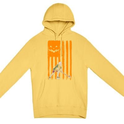 Ice Hockey Skeleton Halloween Boys American Pumpkin Flag Gift Premium Pullover Hoodie