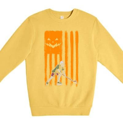 Ice Hockey Skeleton Halloween Boys American Pumpkin Flag Gift Premium Crewneck Sweatshirt