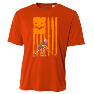 Ice Hockey Skeleton Halloween Boys American Pumpkin Flag Gift Cooling Performance Crew T-Shirt