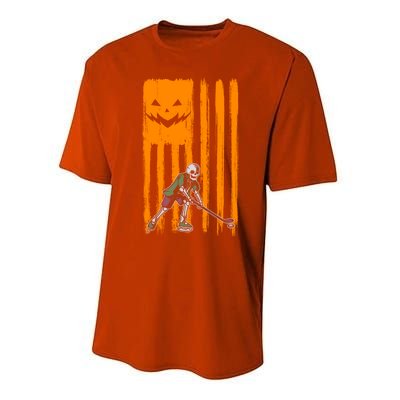 Ice Hockey Skeleton Halloween Boys American Pumpkin Flag Gift Performance Sprint T-Shirt