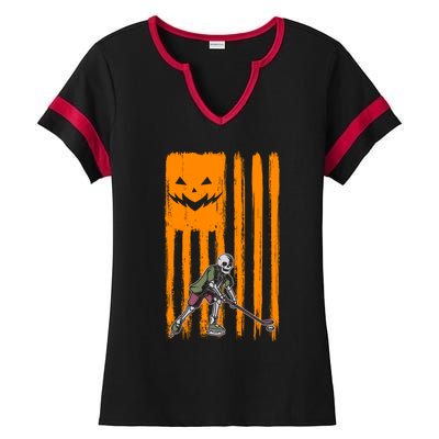 Ice Hockey Skeleton Halloween Boys American Pumpkin Flag Gift Ladies Halftime Notch Neck Tee