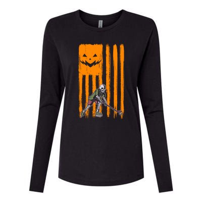 Ice Hockey Skeleton Halloween Boys American Pumpkin Flag Gift Womens Cotton Relaxed Long Sleeve T-Shirt