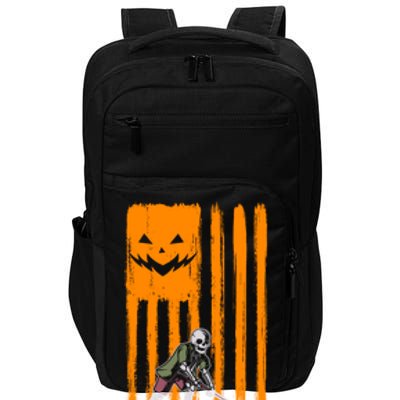 Ice Hockey Skeleton Halloween Boys American Pumpkin Flag Gift Impact Tech Backpack