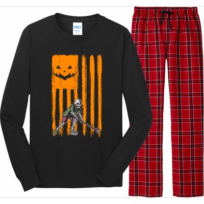 Ice Hockey Skeleton Halloween Boys American Pumpkin Flag Gift Long Sleeve Pajama Set