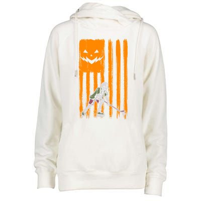 Ice Hockey Skeleton Halloween Boys American Pumpkin Flag Gift Womens Funnel Neck Pullover Hood