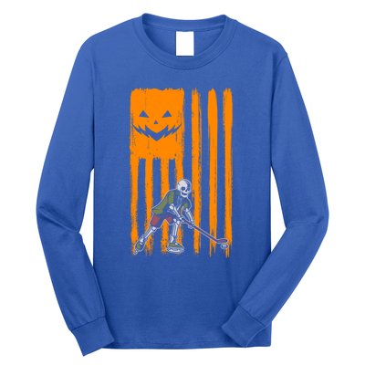 Ice Hockey Skeleton Halloween Boys American Pumpkin Flag Gift Long Sleeve Shirt