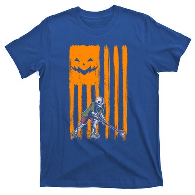 Ice Hockey Skeleton Halloween Boys American Pumpkin Flag Gift T-Shirt