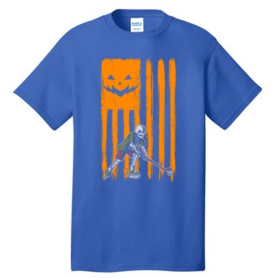 Ice Hockey Skeleton Halloween Boys American Pumpkin Flag Gift Tall T-Shirt