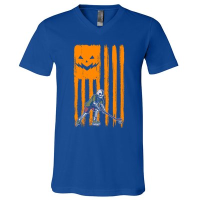 Ice Hockey Skeleton Halloween Boys American Pumpkin Flag Gift V-Neck T-Shirt