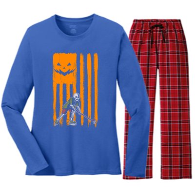 Ice Hockey Skeleton Halloween Boys American Pumpkin Flag Gift Women's Long Sleeve Flannel Pajama Set 