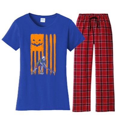 Ice Hockey Skeleton Halloween Boys American Pumpkin Flag Gift Women's Flannel Pajama Set