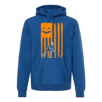 Ice Hockey Skeleton Halloween Boys American Pumpkin Flag Gift Premium Hoodie