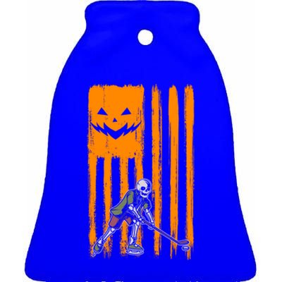 Ice Hockey Skeleton Halloween Boys American Pumpkin Flag Gift Ceramic Bell Ornament