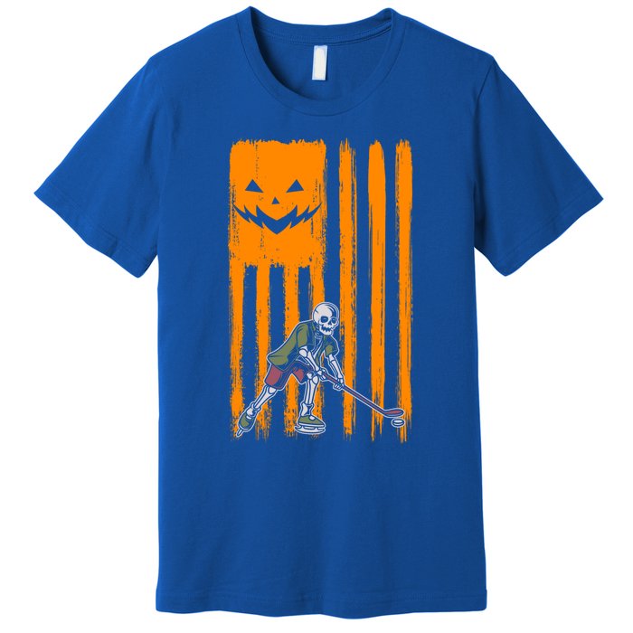 Ice Hockey Skeleton Halloween Boys American Pumpkin Flag Gift Premium T-Shirt