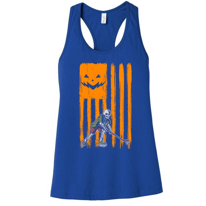 Ice Hockey Skeleton Halloween Boys American Pumpkin Flag Gift Women's Racerback Tank